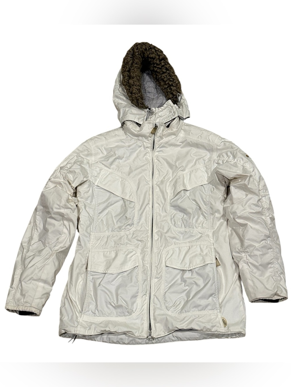 Obermeyer Alt 3 Jacket Womens 8 Off White Hooded Pockets Full Zip Coat Ski Snow